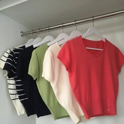 ニット ストライプベーシックUネッククロップボタンニット半袖Tシャツ8色