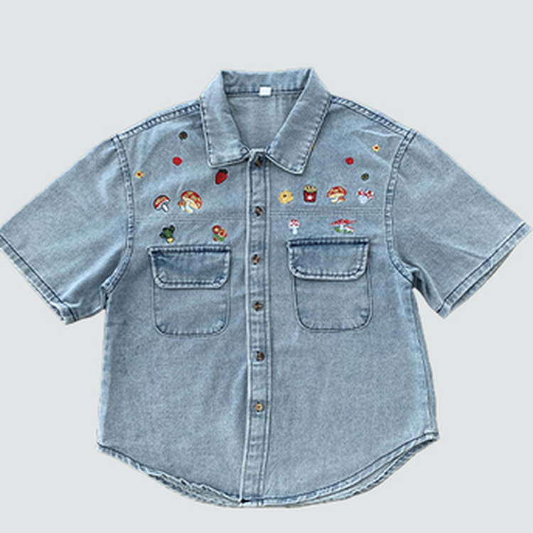 オーバーフィット刺繍ステッチ半袖デニムシャツ｜シャツ｜韓国