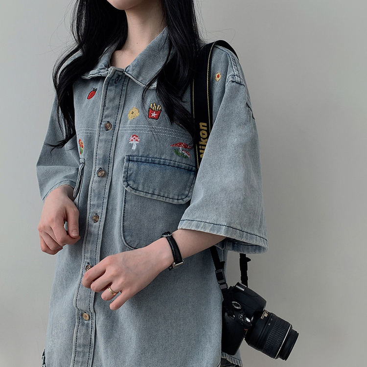 オーバーフィット刺繍ステッチ半袖デニムシャツ｜シャツ｜韓国
