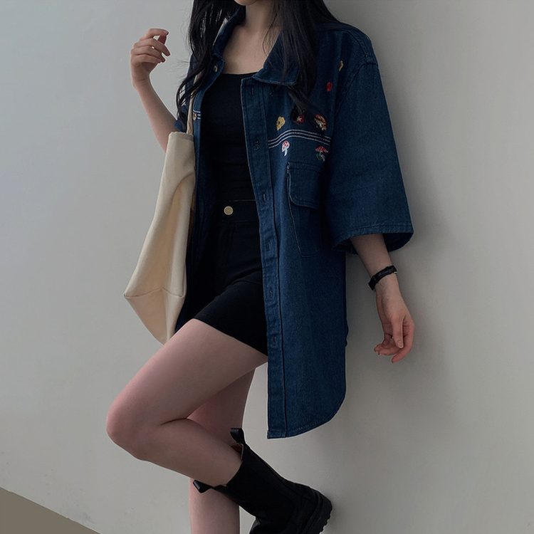 SBS19096 オーバーフィット刺繍ステッチ半袖デニムシャツ シャツ