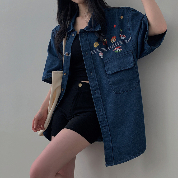 オーバーフィット刺繍ステッチ半袖デニムシャツ｜シャツ｜韓国