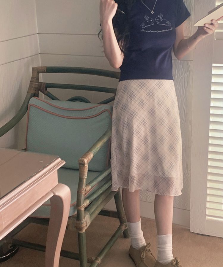 チェックシフォンミディスカート SKY BLUE