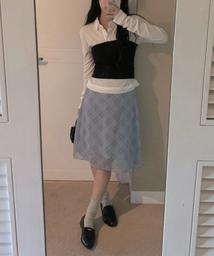 チェックシフォンミディスカート GRAY