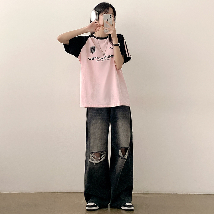 半袖Tシャツ ユニフォーム配色トラックオーバーフィット半袖Tシャツ PINK
