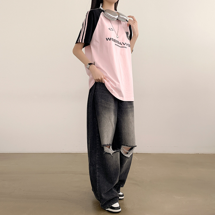半袖Tシャツ ユニフォーム配色トラックオーバーフィット半袖Tシャツ PINK