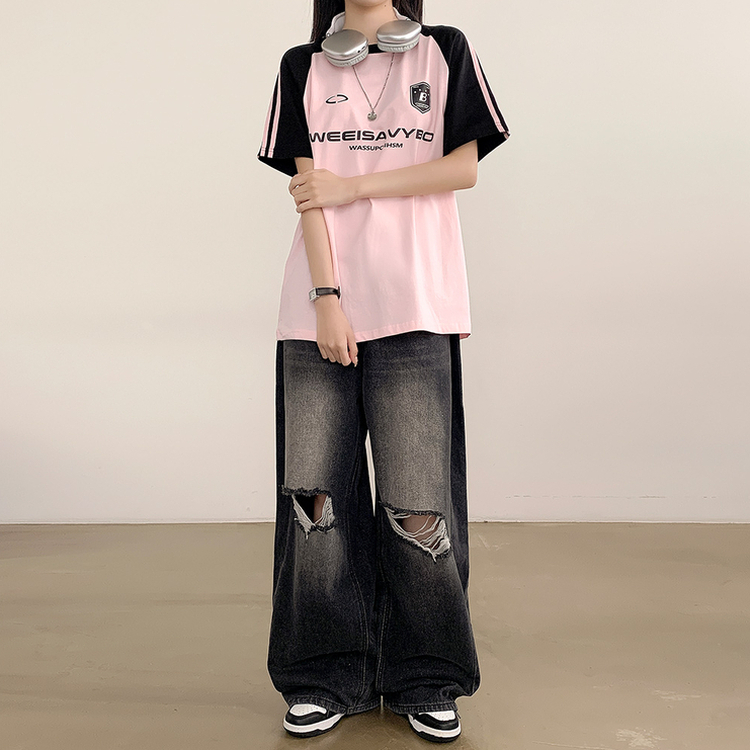 半袖Tシャツ ユニフォーム配色トラックオーバーフィット半袖Tシャツ PINK
