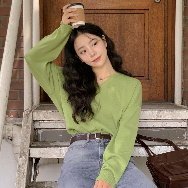 (13컬러) 베이직 페더 브이넥 니트 가디건 연두