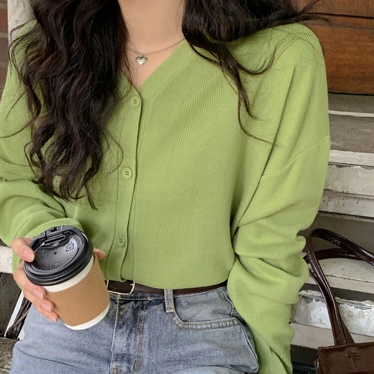 (13컬러) 베이직 페더 브이넥 니트 가디건 연두