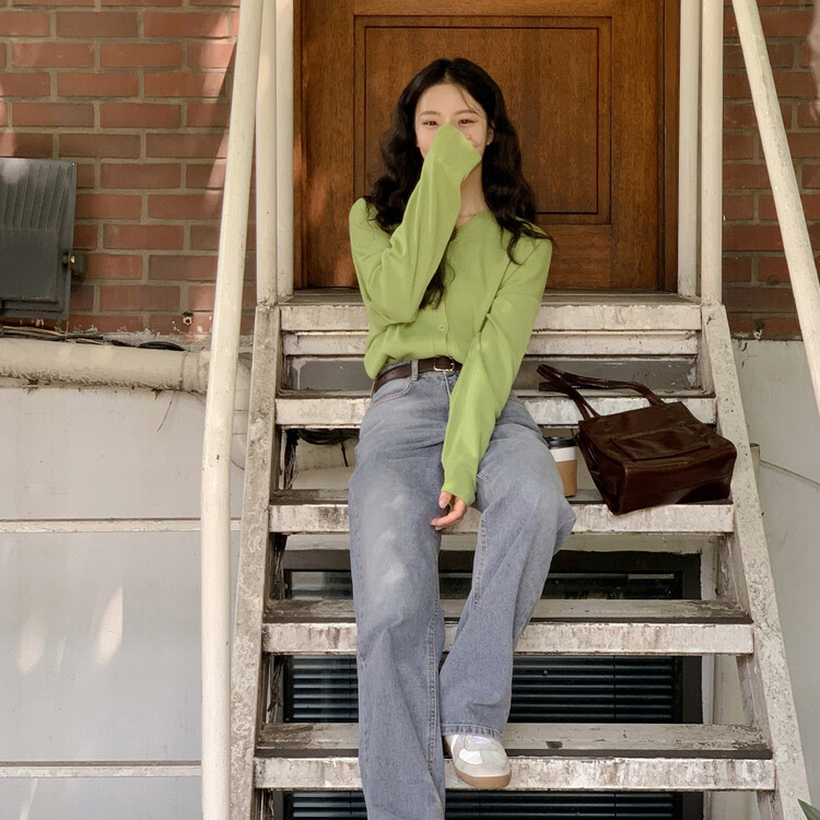 (13컬러) 베이직 페더 브이넥 니트 가디건 연두