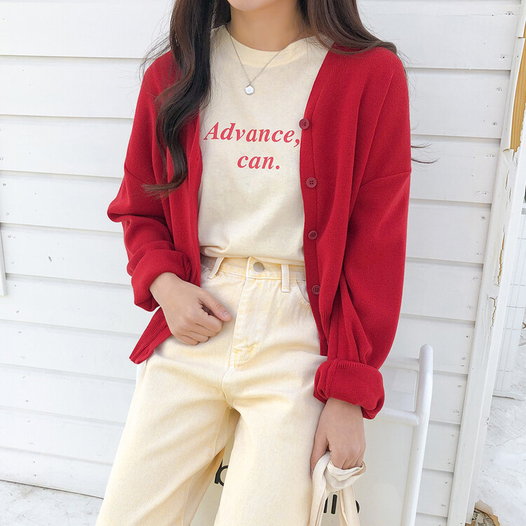 (13컬러) 베이직 페더 브이넥 니트 가디건 레드