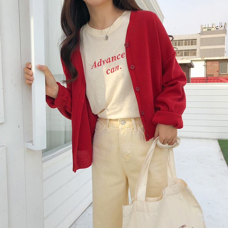 (13컬러) 베이직 페더 브이넥 니트 가디건 레드