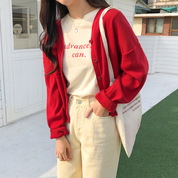 (13컬러) 베이직 페더 브이넥 니트 가디건 레드