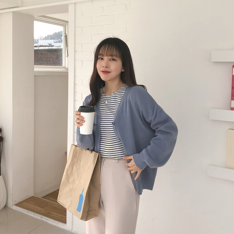 (13컬러) 베이직 페더 브이넥 니트 가디건 스카이블루