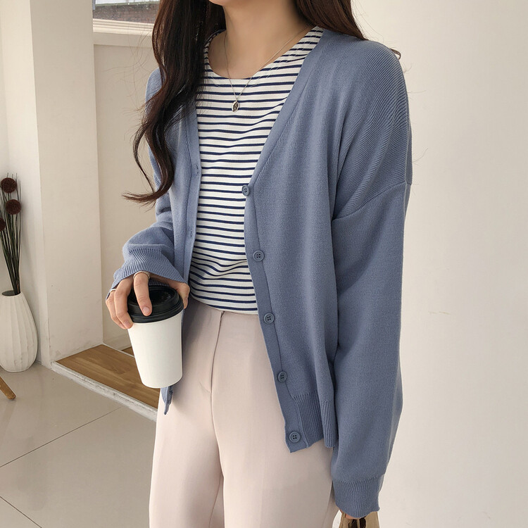 (13컬러) 베이직 페더 브이넥 니트 가디건 스카이블루