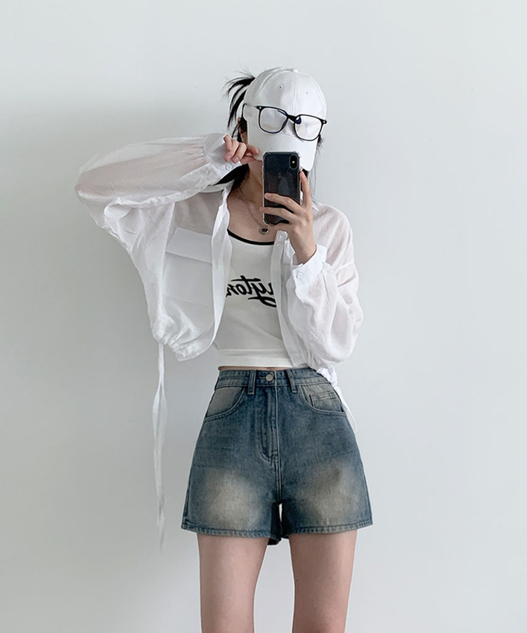 キャットウォッシングハイウエストデニムショートパンツ BLUE