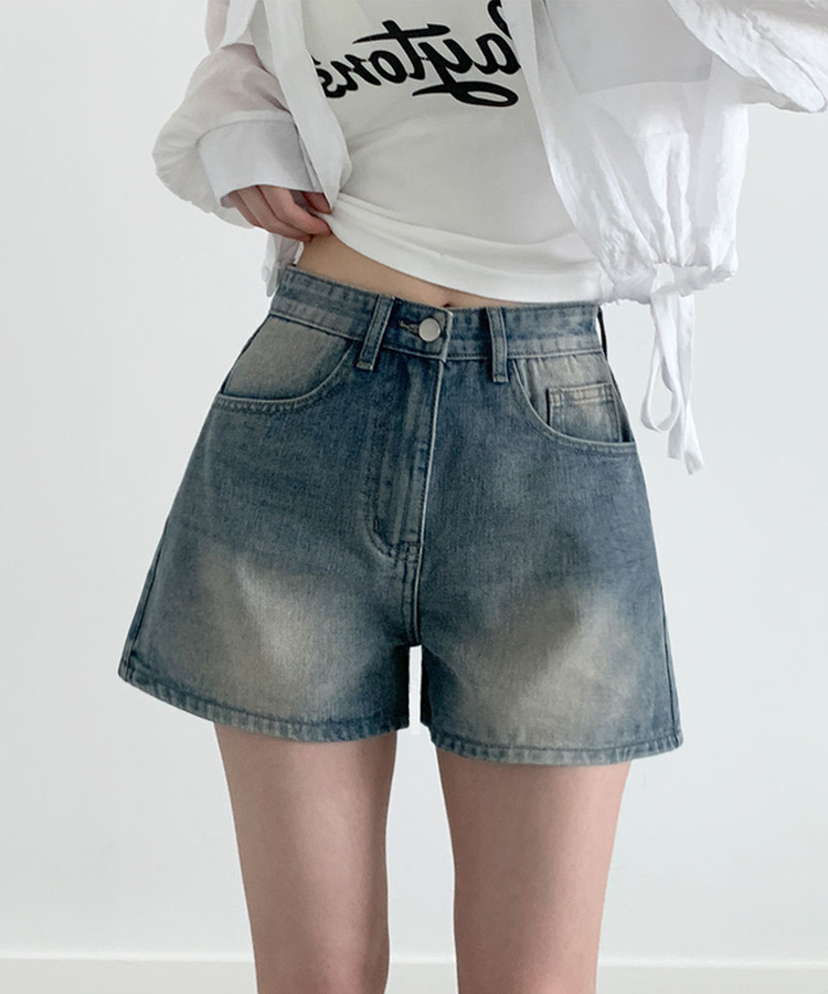 キャットウォッシングハイウエストデニムショートパンツ BLUE