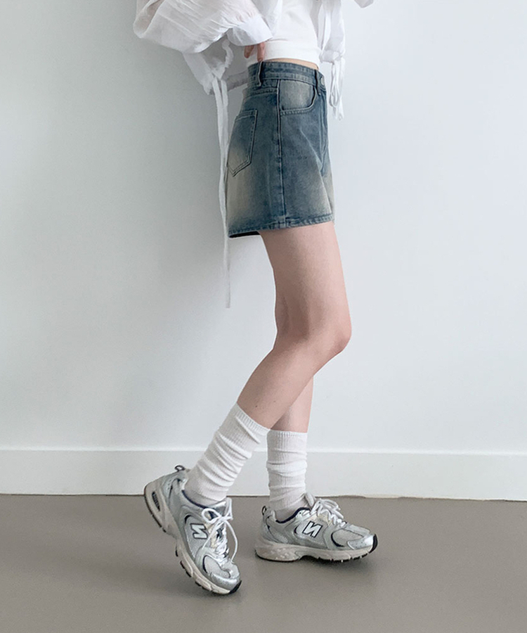 キャットウォッシングハイウエストデニムショートパンツ BLUE