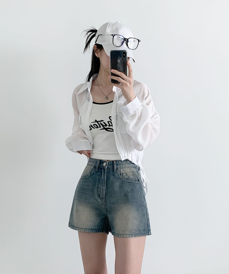 キャットウォッシングハイウエストデニムショートパンツ BLUE