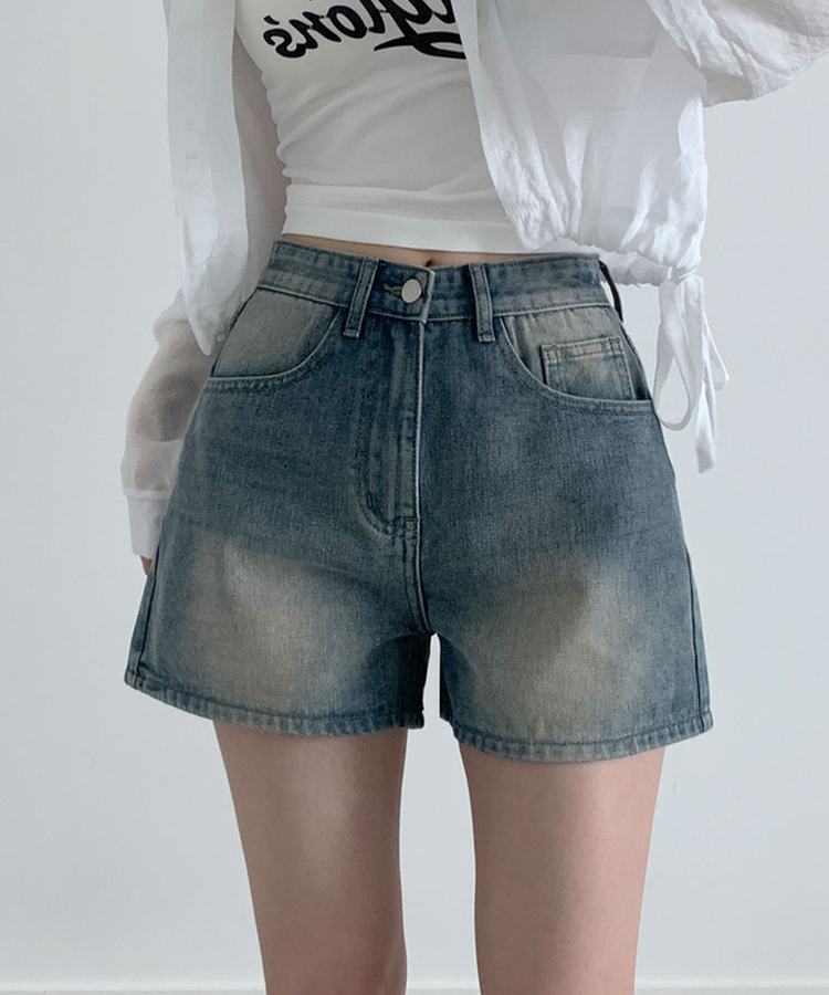 キャットウォッシングハイウエストデニムショートパンツ BLUE