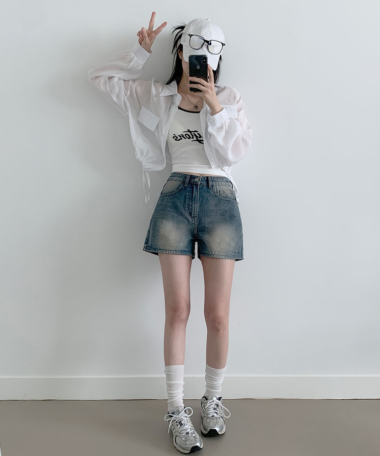 キャットウォッシングハイウエストデニムショートパンツ BLUE