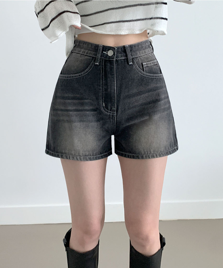 キャットウォッシングハイウエストデニムショートパンツ BLACK