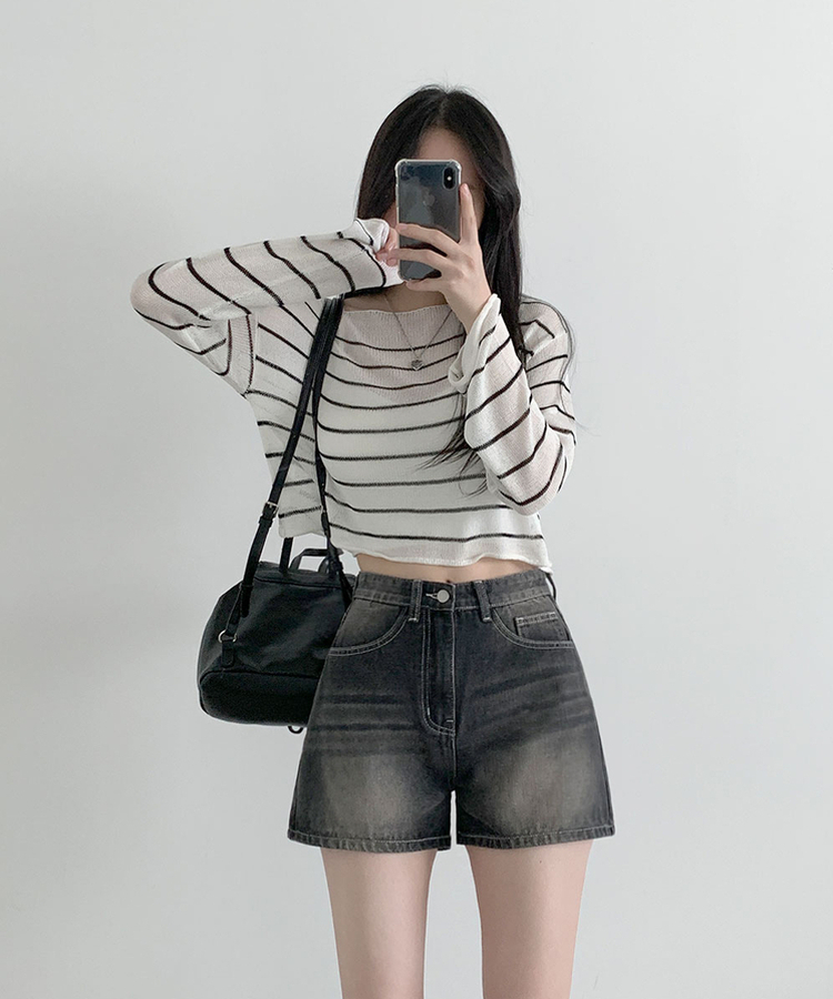 キャットウォッシングハイウエストデニムショートパンツ BLACK