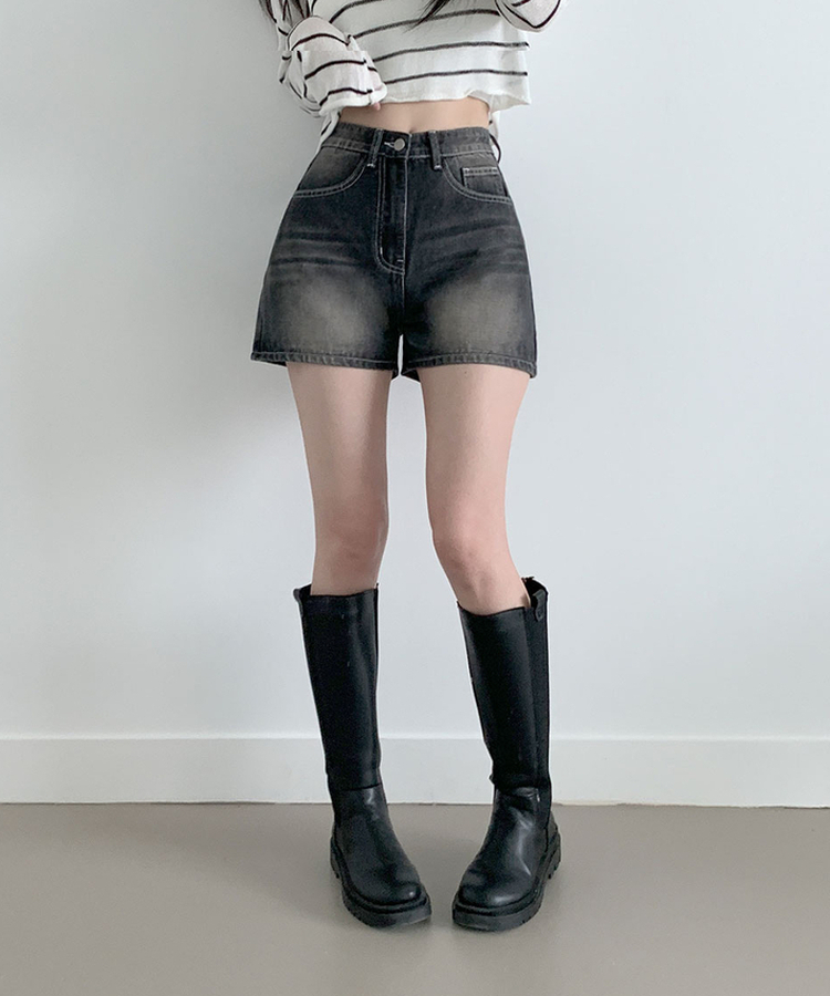 キャットウォッシングハイウエストデニムショートパンツ BLACK