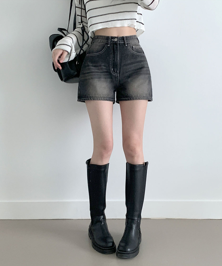 キャットウォッシングハイウエストデニムショートパンツ BLACK