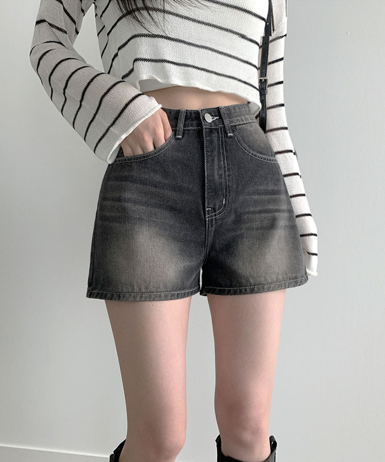 キャットウォッシングハイウエストデニムショートパンツ BLACK