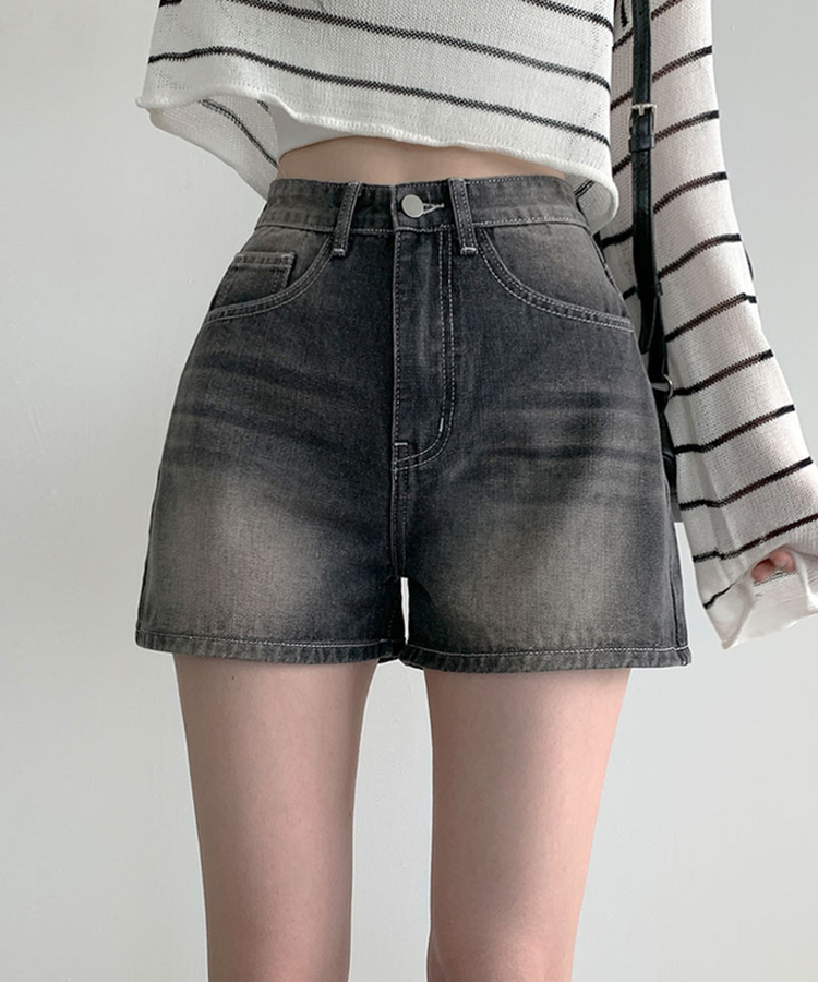 キャットウォッシングハイウエストデニムショートパンツ BLACK