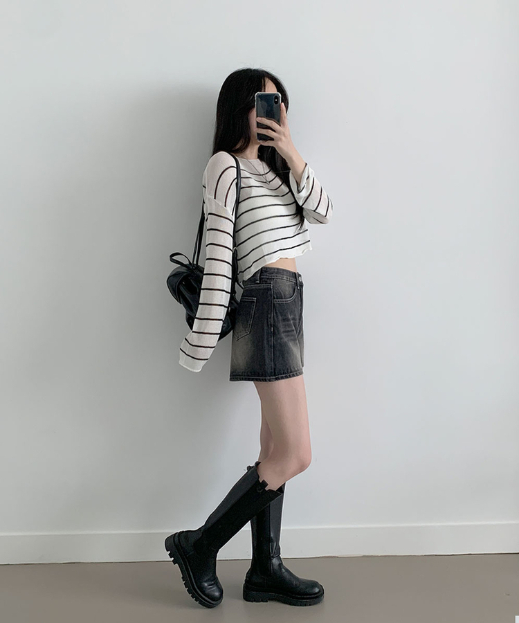 キャットウォッシングハイウエストデニムショートパンツ BLACK