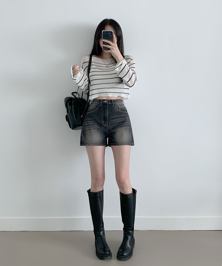 キャットウォッシングハイウエストデニムショートパンツ BLACK