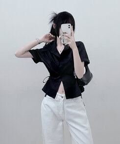 サイドリボンスナップ半袖シャツ BLACK