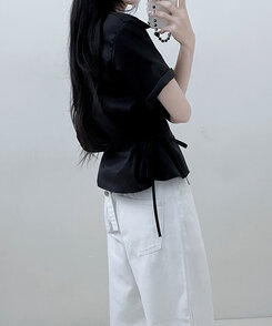 サイドリボンスナップ半袖シャツ BLACK