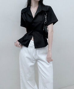 サイドリボンスナップ半袖シャツ BLACK