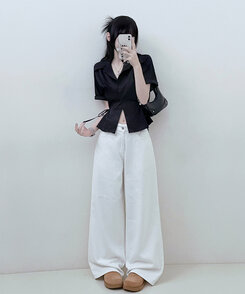 サイドリボンスナップ半袖シャツ BLACK