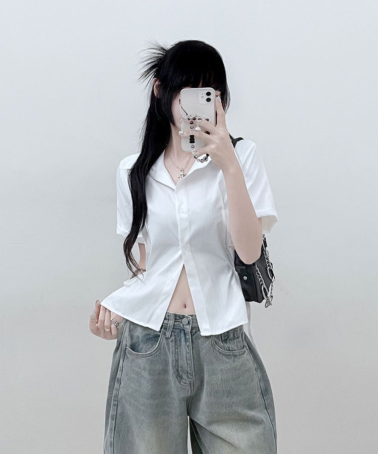 サイドリボンスナップ半袖シャツ IVORY