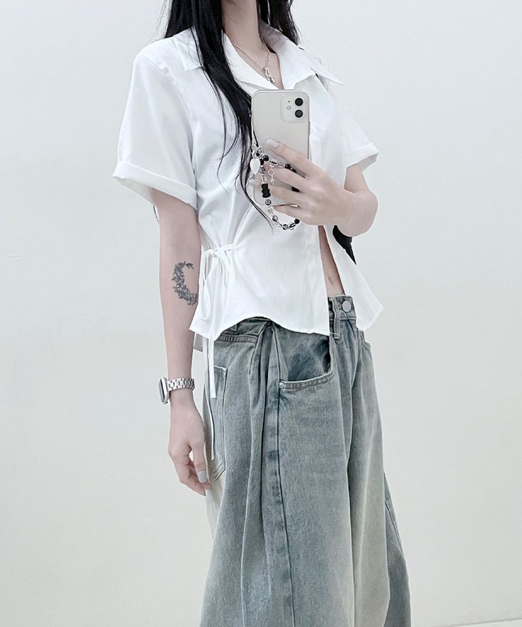サイドリボンスナップ半袖シャツ IVORY