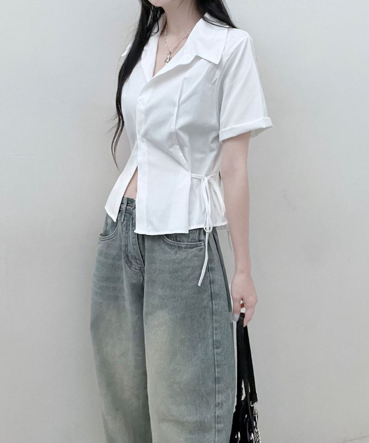 サイドリボンスナップ半袖シャツ IVORY