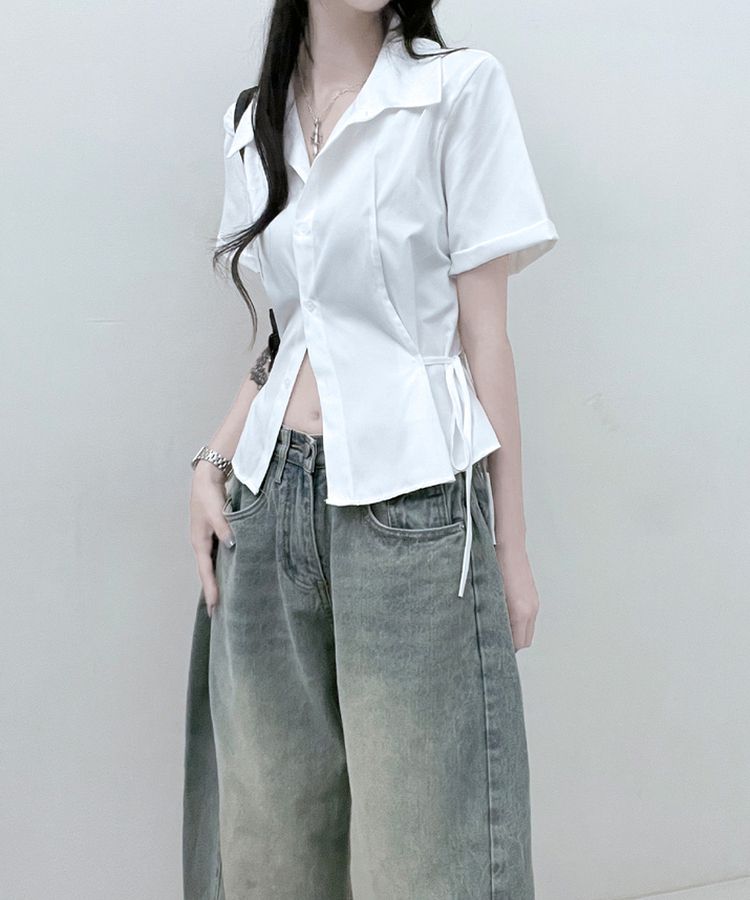 サイドリボンスナップ半袖シャツ IVORY