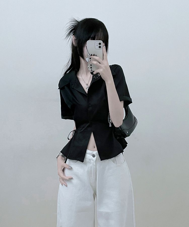 サイドリボンスナップ半袖シャツ BLACK