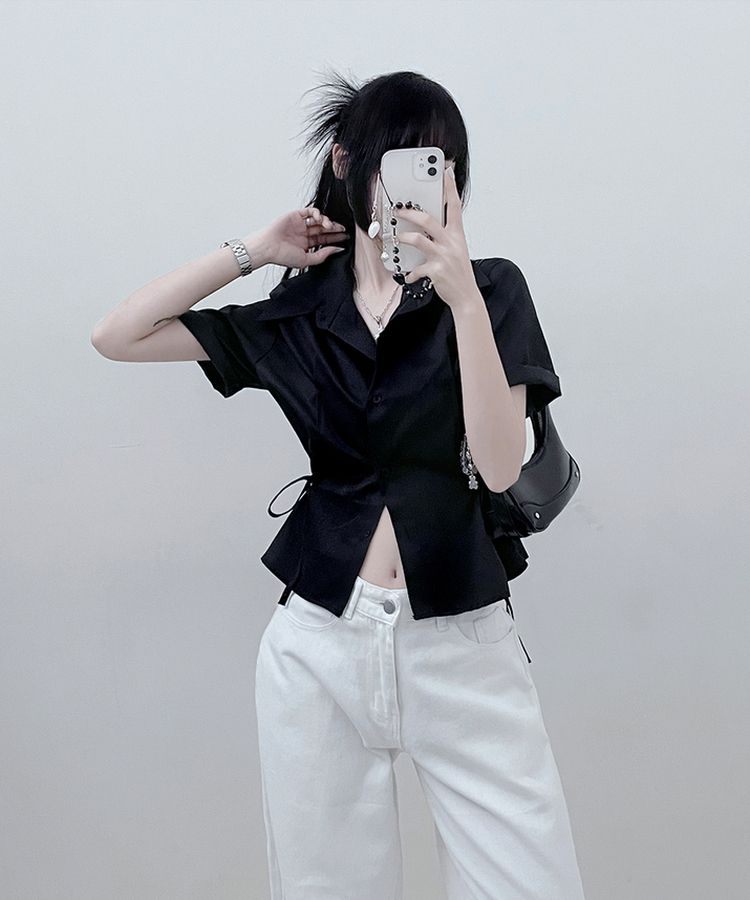 サイドリボンスナップ半袖シャツ BLACK