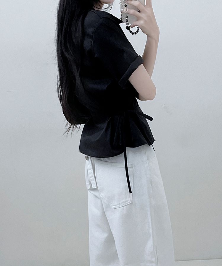 サイドリボンスナップ半袖シャツ BLACK