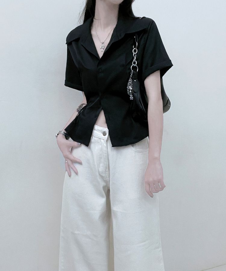 サイドリボンスナップ半袖シャツ BLACK