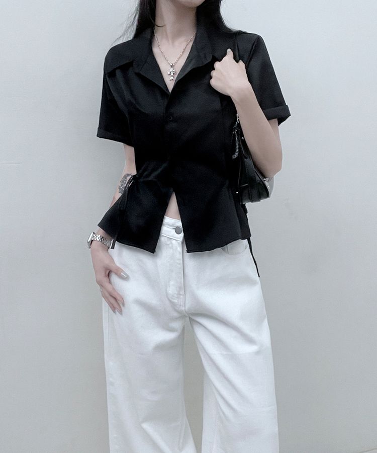 サイドリボンスナップ半袖シャツ BLACK
