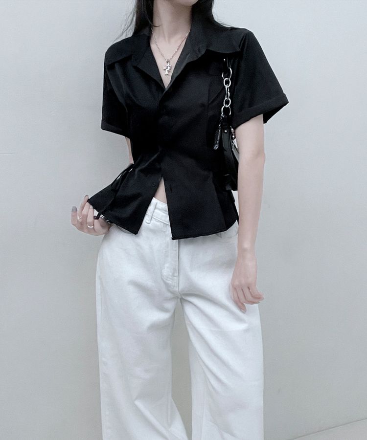 サイドリボンスナップ半袖シャツ BLACK