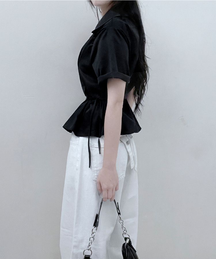 サイドリボンスナップ半袖シャツ BLACK