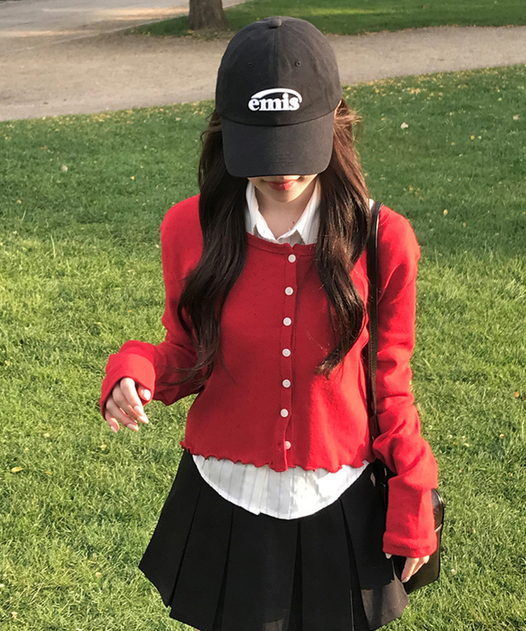 ナチュラルメロウフリルカーディガン RED