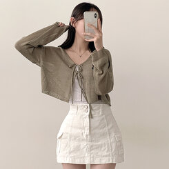 カーディガン リボンストラップ長袖クロップシースルーカーディガン5色 KHAKI