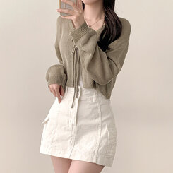 カーディガン リボンストラップ長袖クロップシースルーカーディガン5色 KHAKI